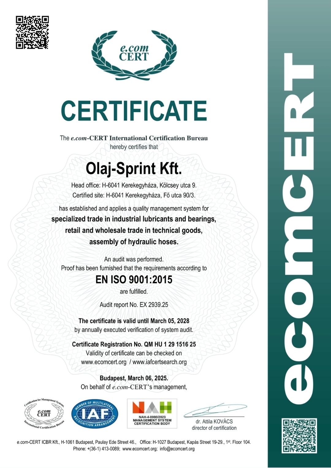 EN ISO 9001:2015 tanúsítvány