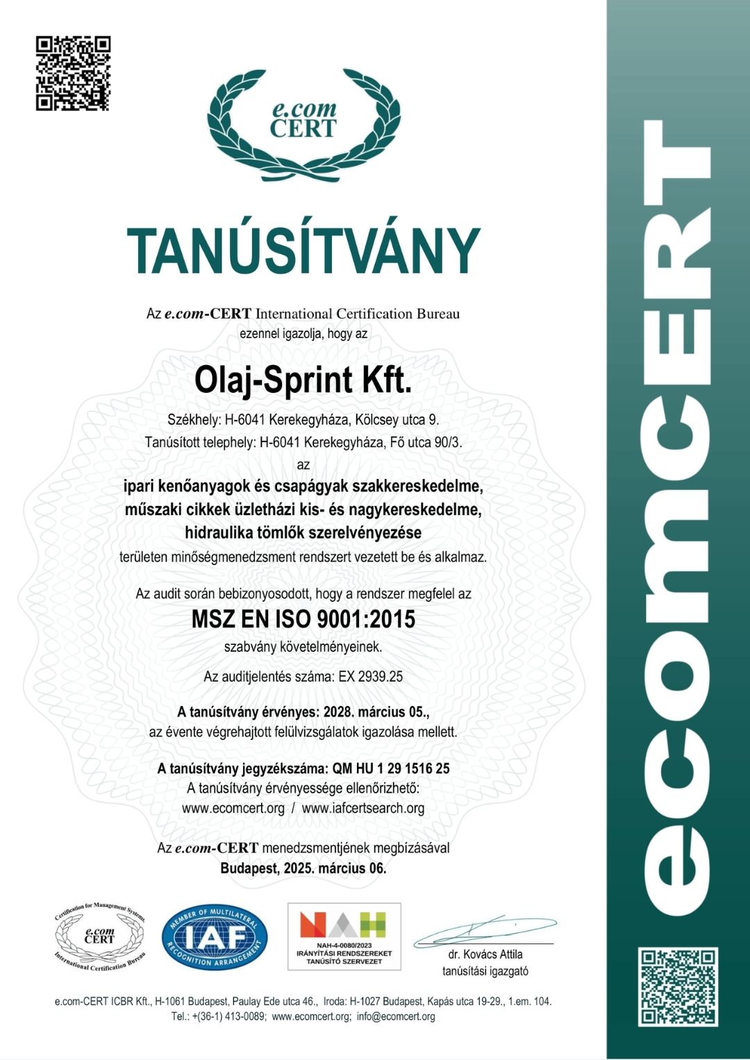 EN ISO 9001:2015 tanúsítvány